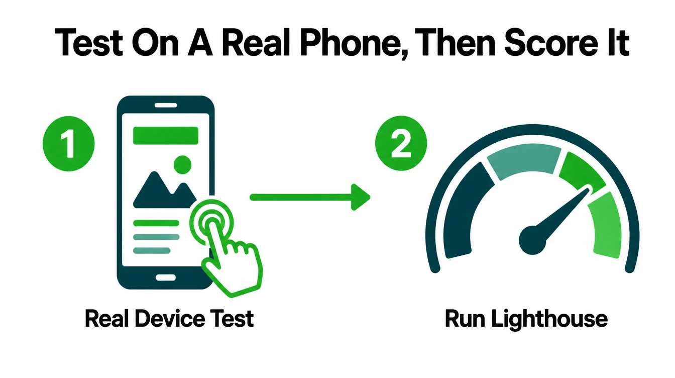 An infographic showing a two step process: step one is a real device test on a phone