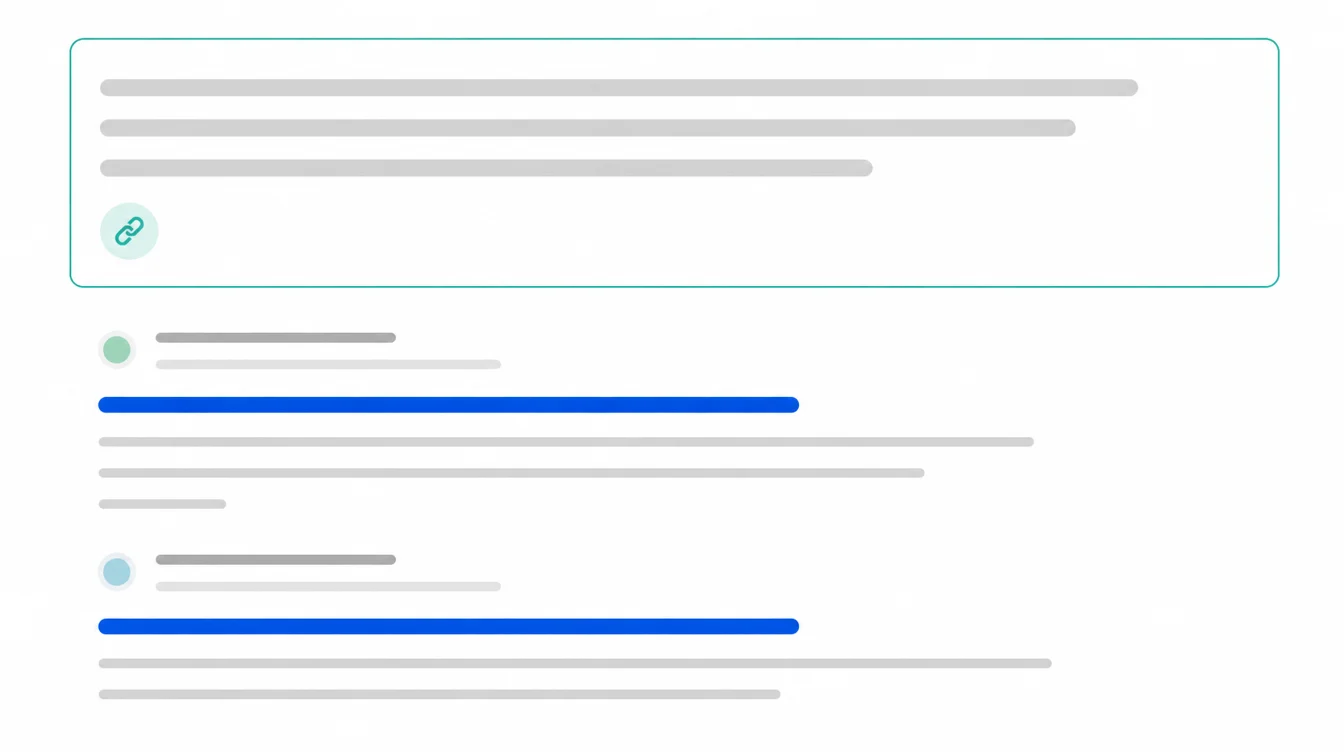 Mockup of a highlighted answer summary panel with a citation link sitting above two organic search result listings.