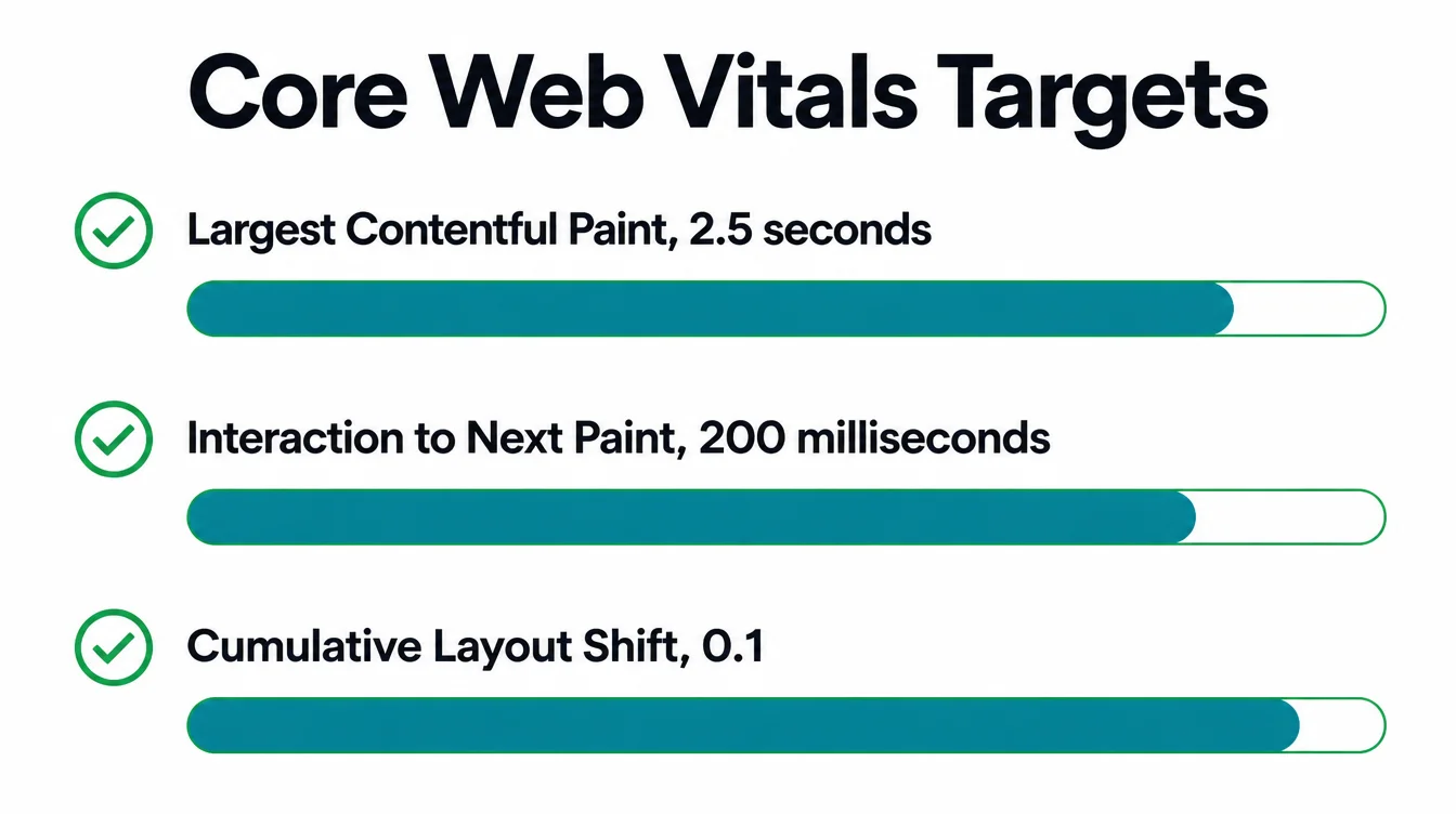 Chart showing Core Web Vitals targets: Largest Contentful Paint 2.5 seconds, Interaction to Next Paint 200 milliseconds