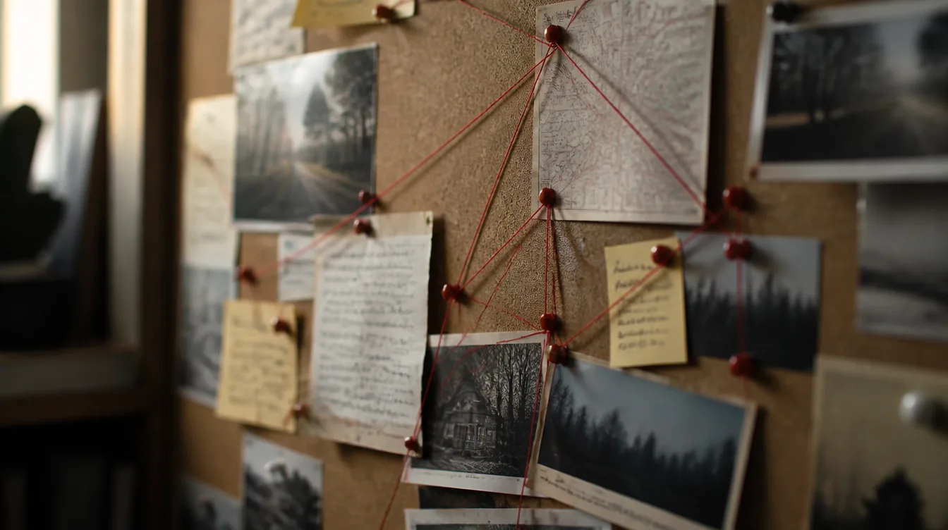 A corkboard with notes connected by red string and pins, suggesting links between sources.