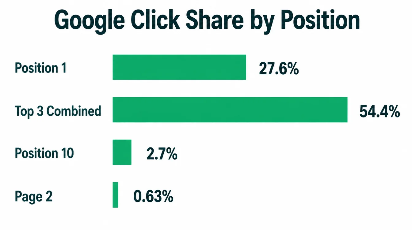 Bar chart showing Google click share by position: 27.6% for position 1, 54.4% for the top 3 combined