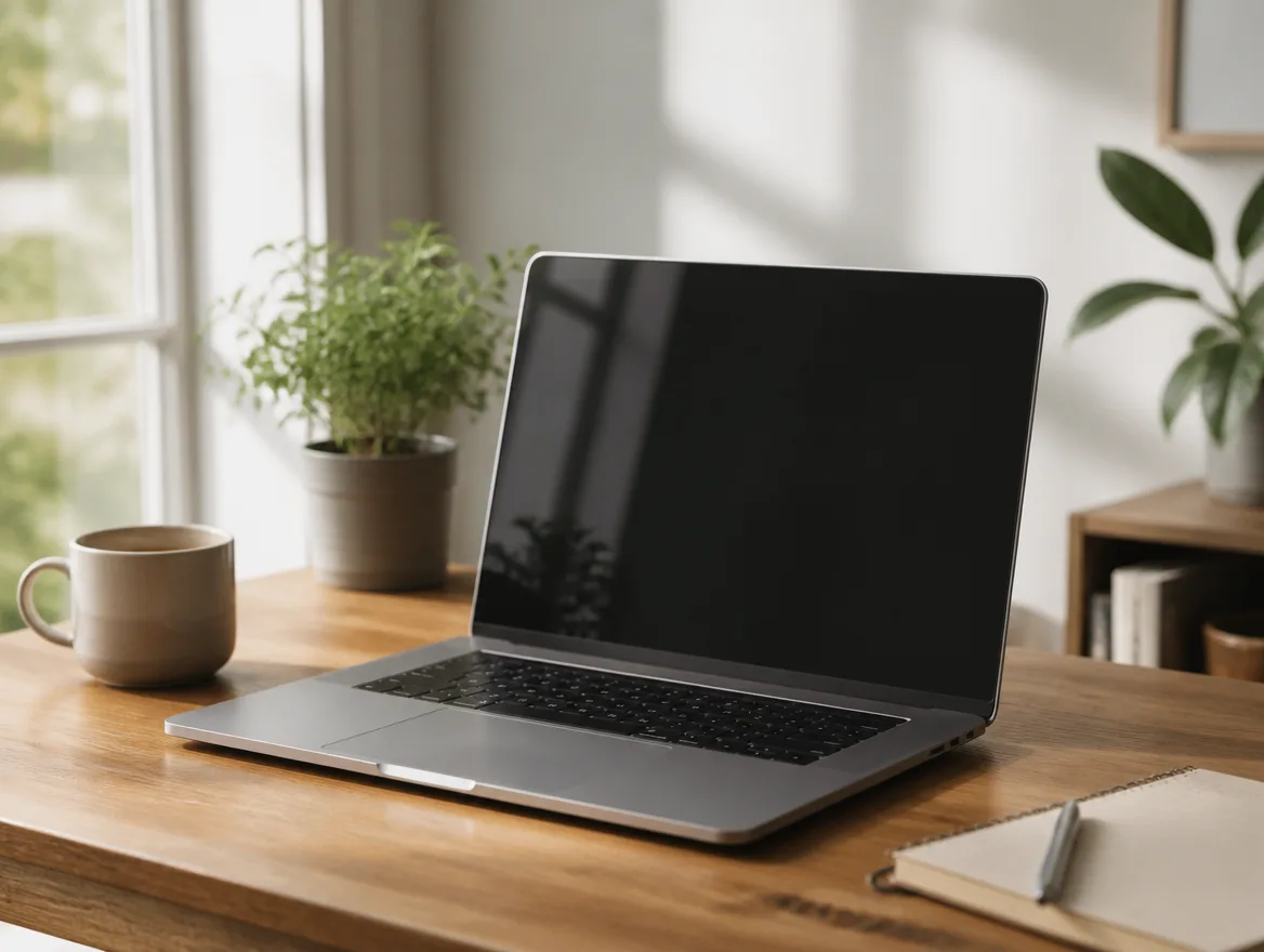 A laptop open on a tidy wooden desk with a plant and soft morning light through a window.