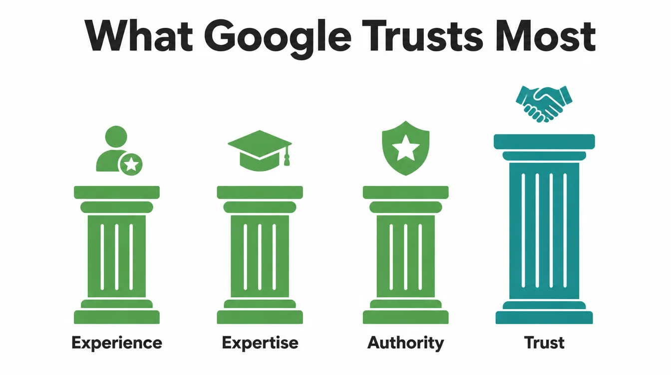 Diagram of four pillars labeled experience, expertise, authority, and trust