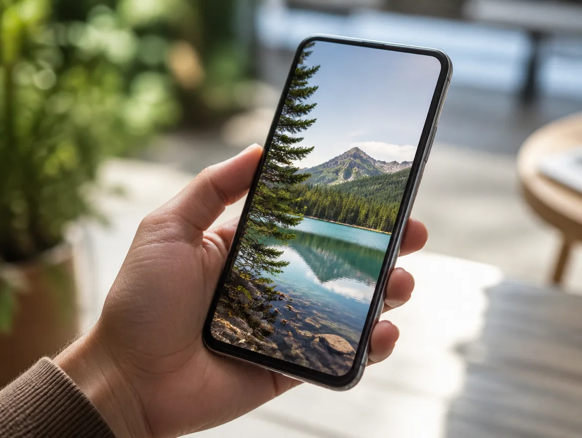 A hand holding a phone showing a clean fast-loading page, screen angled in daylight.