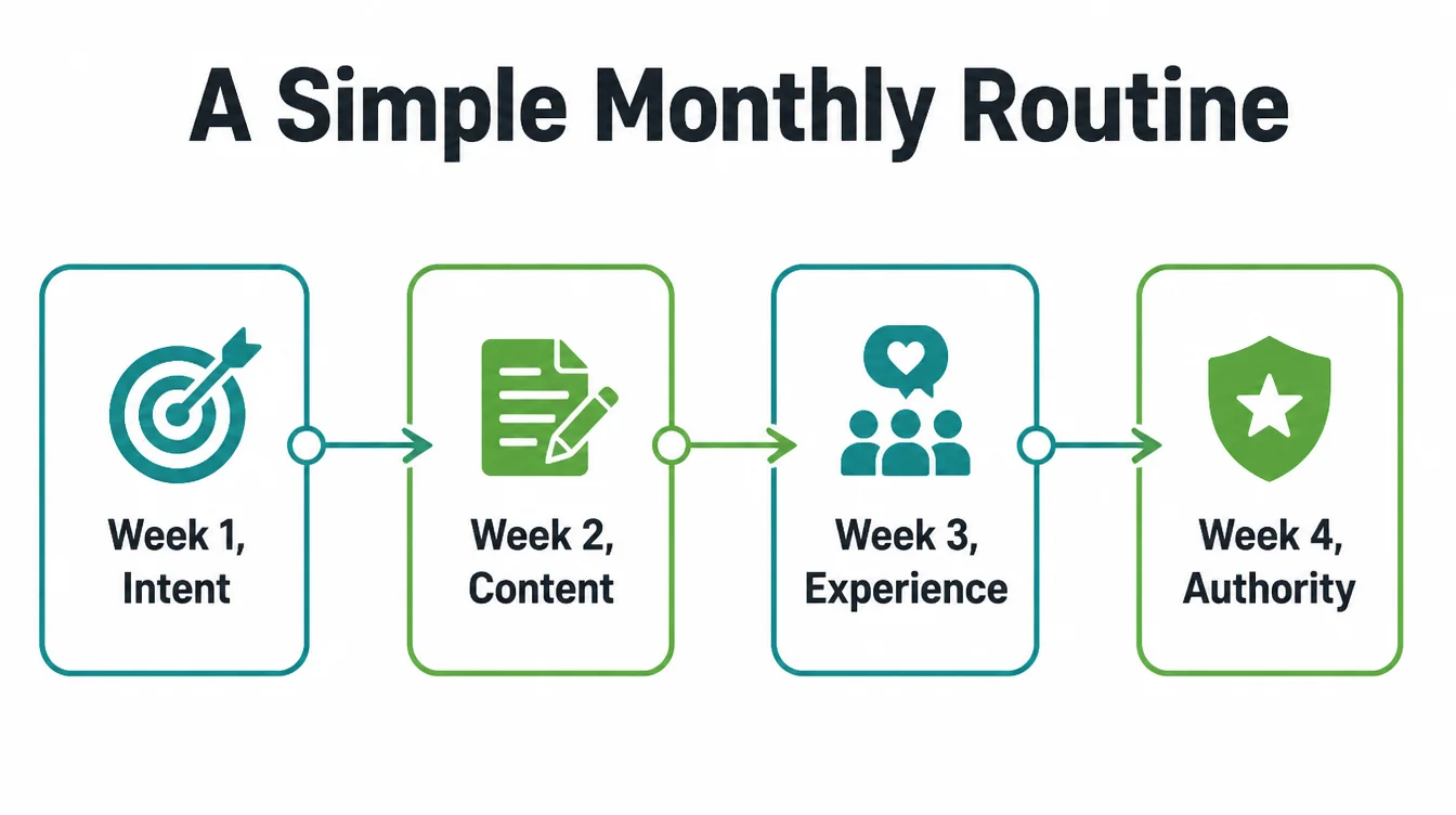 Four-step timeline showing a monthly SEO routine