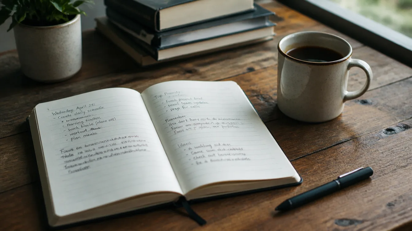 An open notebook with handwritten notes beside a pen and a cup of coffee on a desk.