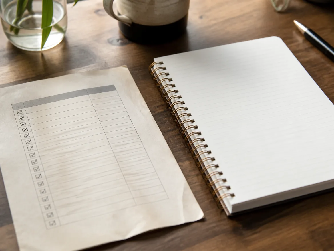 An old printed checklist set aside next to a fresh blank notebook on a desk.