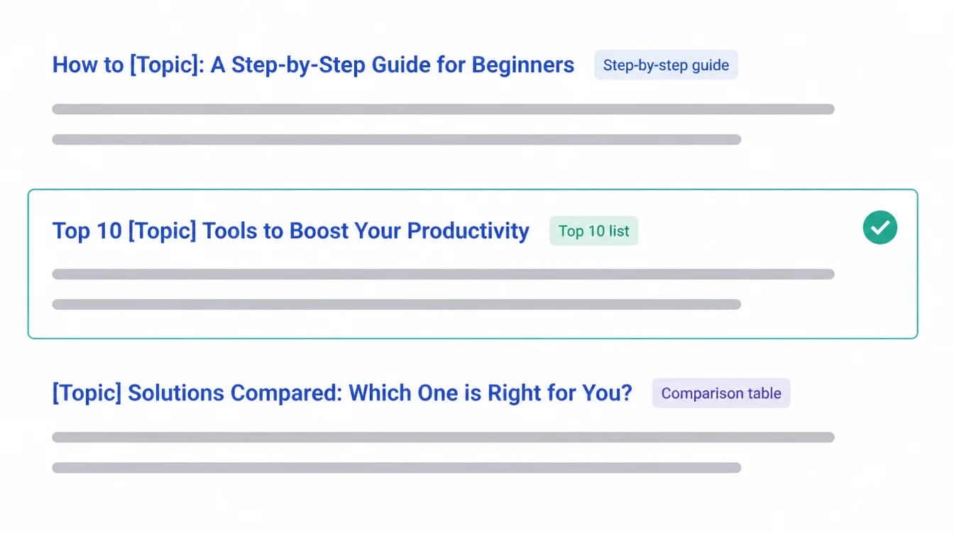 Mockup of a search results page with three listing types tagged step-by-step guide, top 10 list, and comparison table.