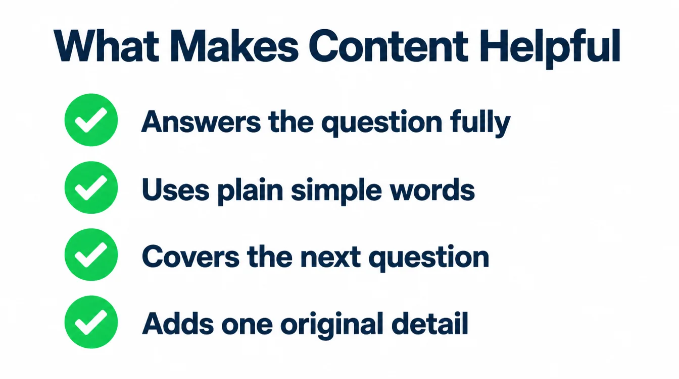 Checklist of what makes content helpful: answers the question fully, uses plain simple words, covers the next question