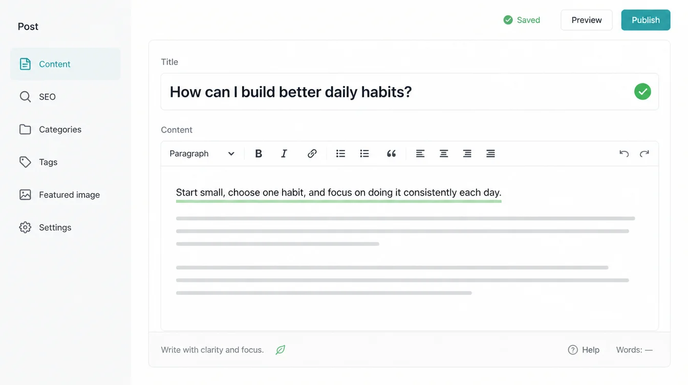 Article editor screen with a question heading and the first line of body text highlighted as the direct answer.