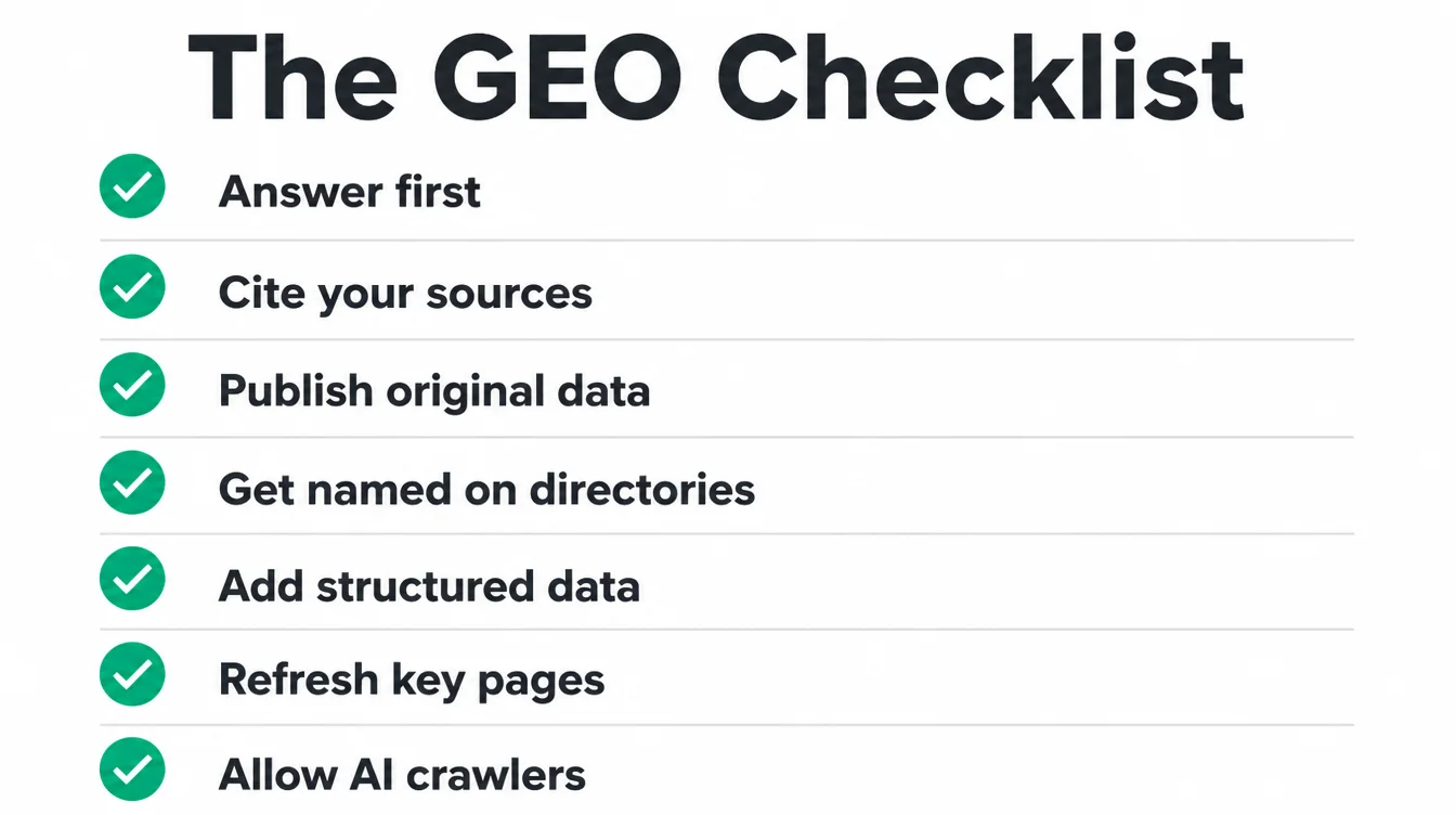 Seven-item GEO checklist with green checkmarks covering answers, sources, data, mentions, schema, freshness, and crawlers.