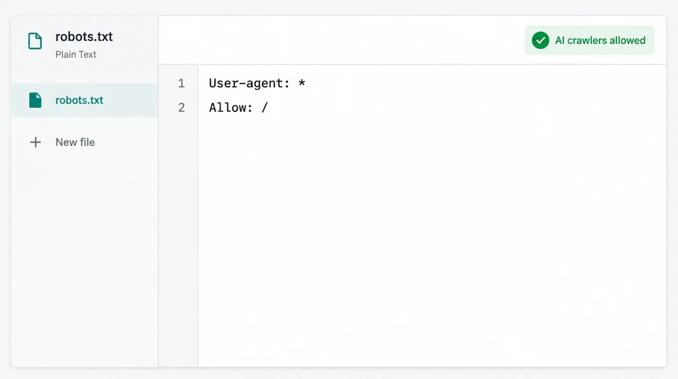 Code editor showing a robots.txt file with an AI crawlers allowed badge.