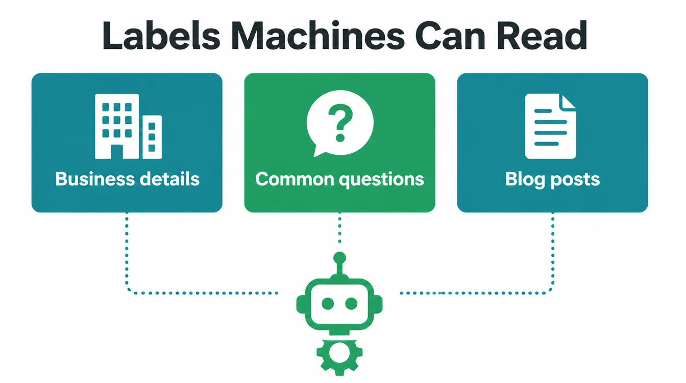 Three labeled cards for business details, common questions, and blog posts feeding into a machine icon.