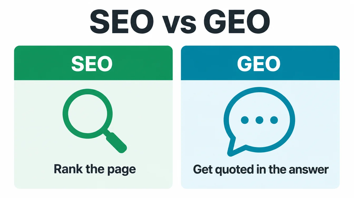 Side by side comparison of SEO ranking the page versus GEO getting quoted in the answer.