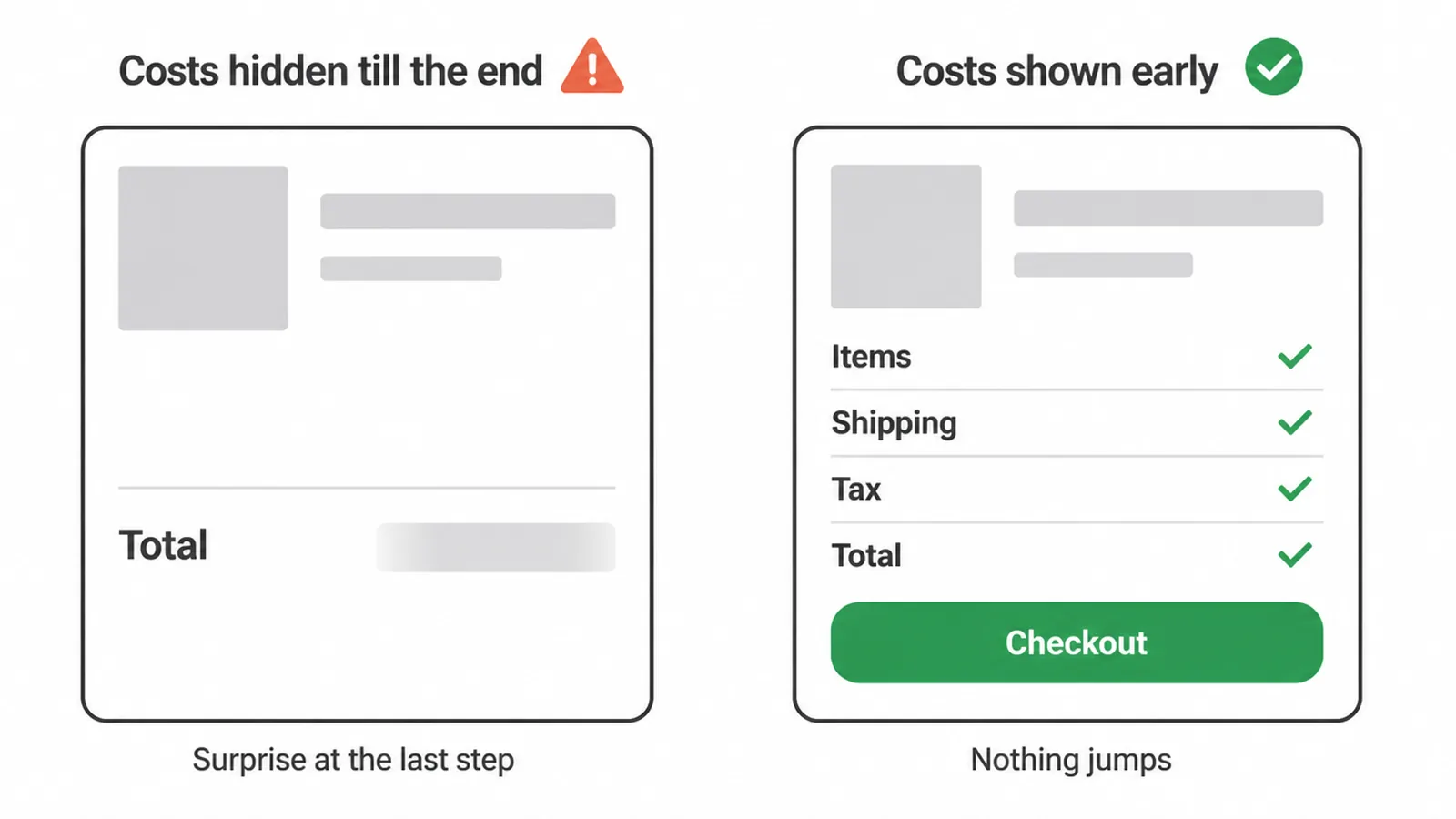 Two cart layouts compared, one hiding costs until the end and one showing them early
