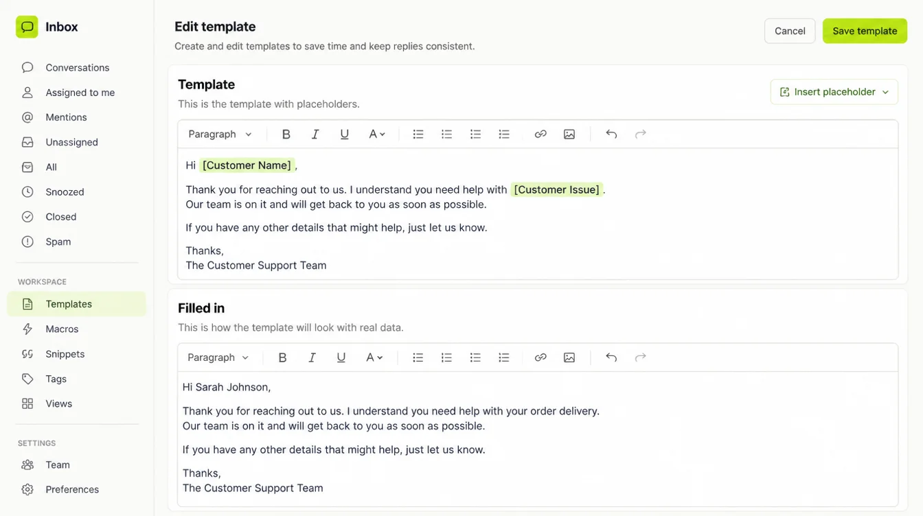 A template editor showing a Template pane with bracketed placeholders above a Filled in pane with a real name and detail written in