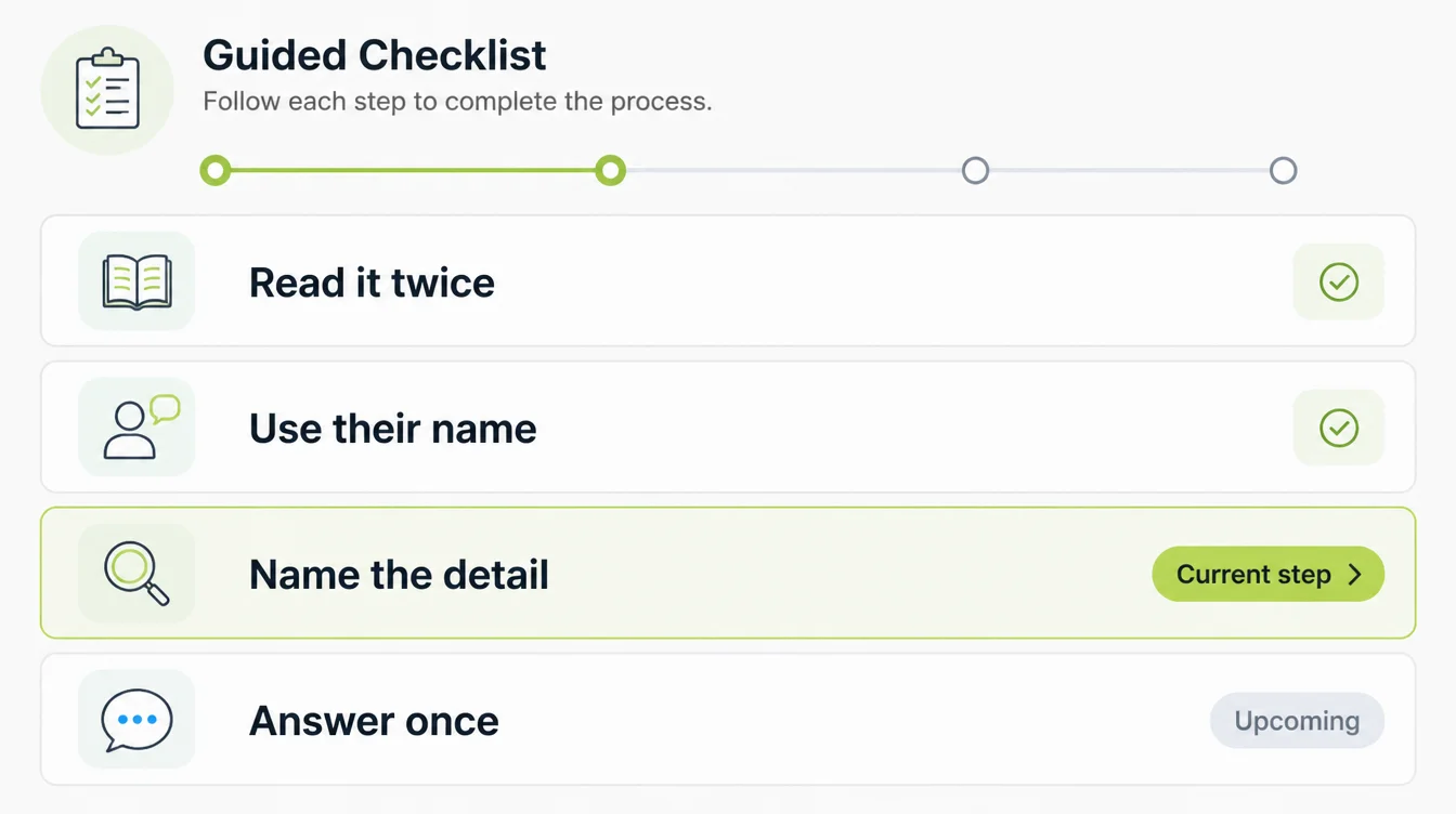 A guided checklist screen with four steps reading Read it twice, Use their name, Name the detail and Answer once, the first two ticked
