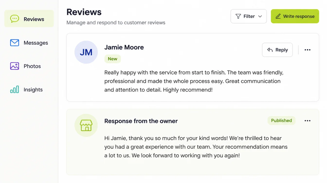A reviews management screen with a customer review card and the business owner's reply beneath it, headed Response from the owner