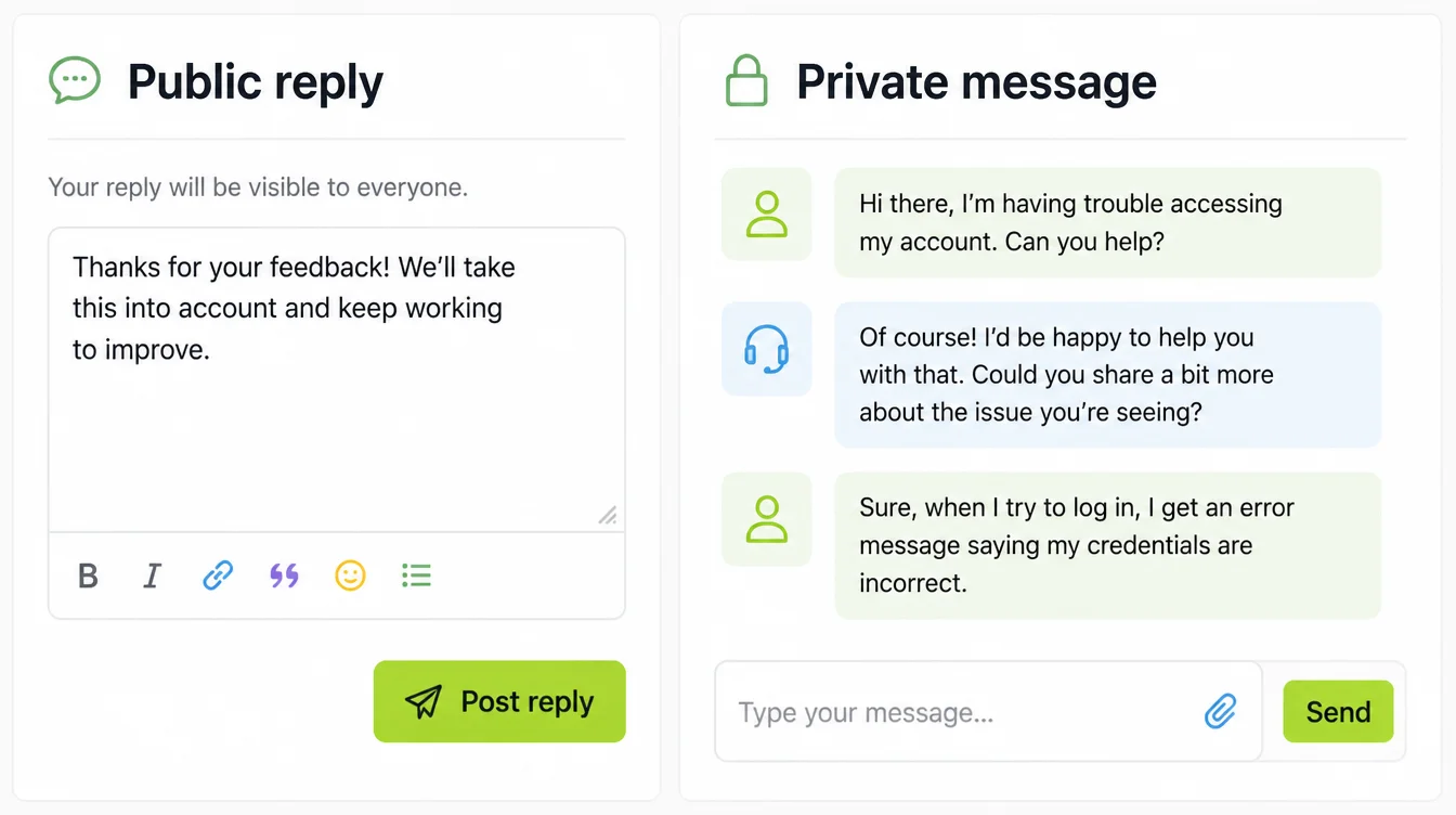 A public reply composer headed Public reply beside a private conversation thread headed Private message
