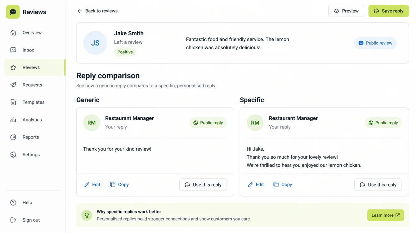 A reply comparison screen with a Generic reply beside a Specific reply that names the customer and the dish they praised