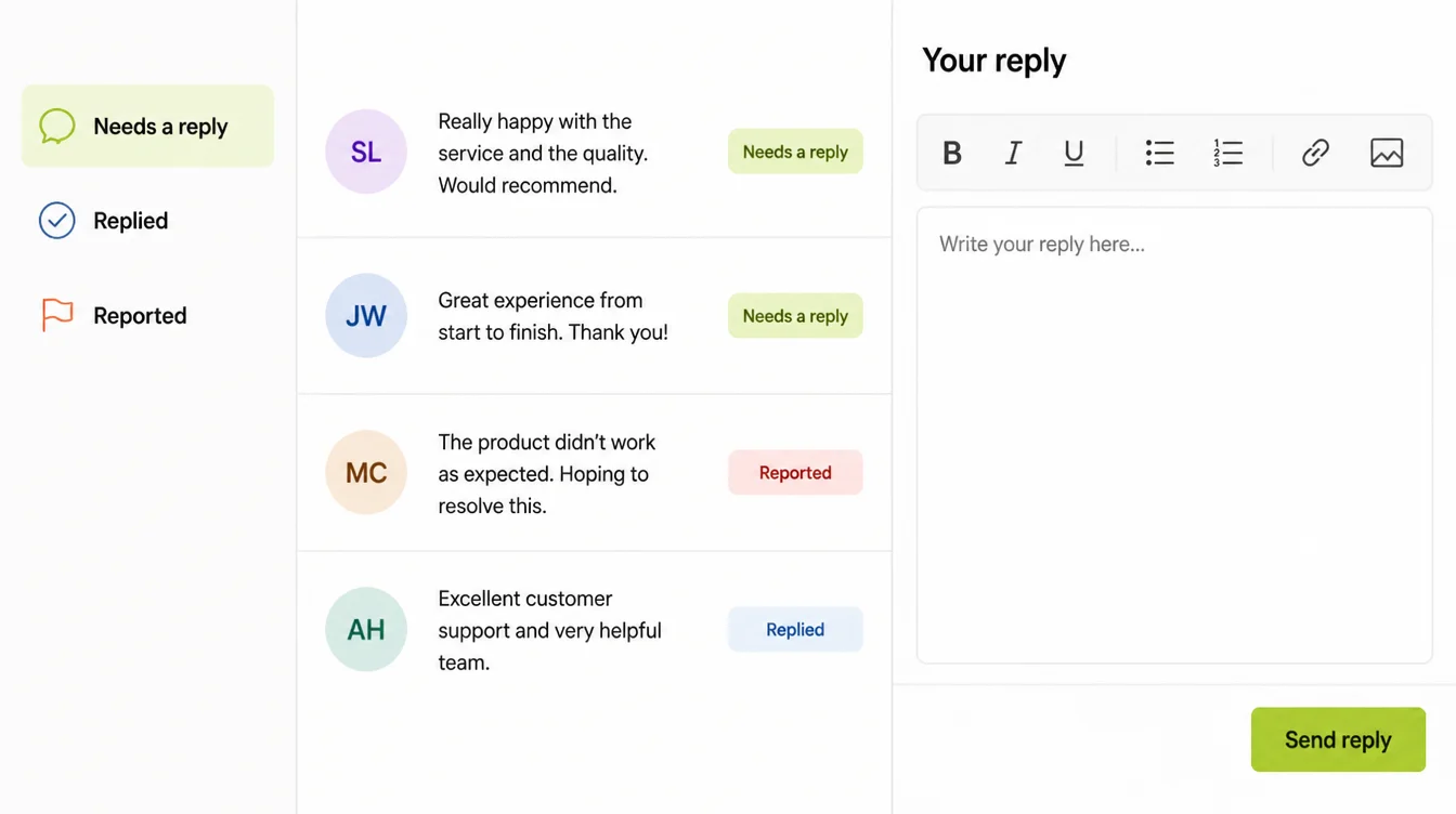 A review inbox with a Needs a reply list of incoming reviews and an open reply composer headed Your reply