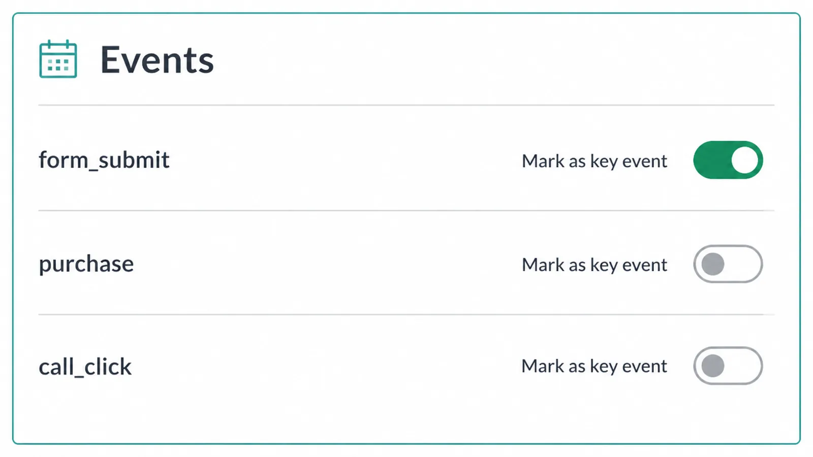 Marking an action as a key event in the GA4 events settings.