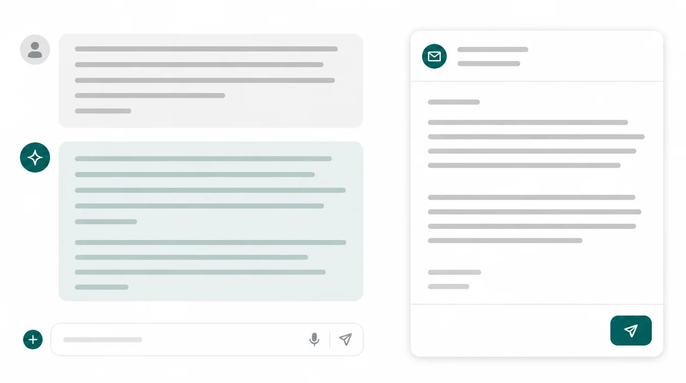 Mockup of a generic AI chat interface drafting a reply beside an email card ready to send.