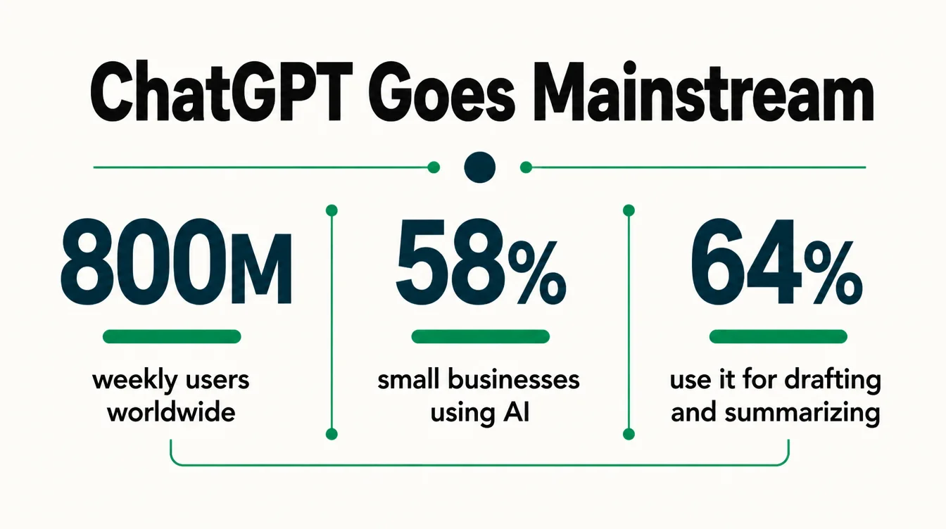 Infographic showing ChatGPT has 800 million weekly users, 58% small business AI adoption, and 64% using it for drafting.