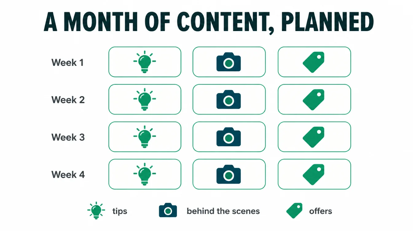 Infographic of a four-week content calendar mixing tips, behind the scenes, and offers posts.