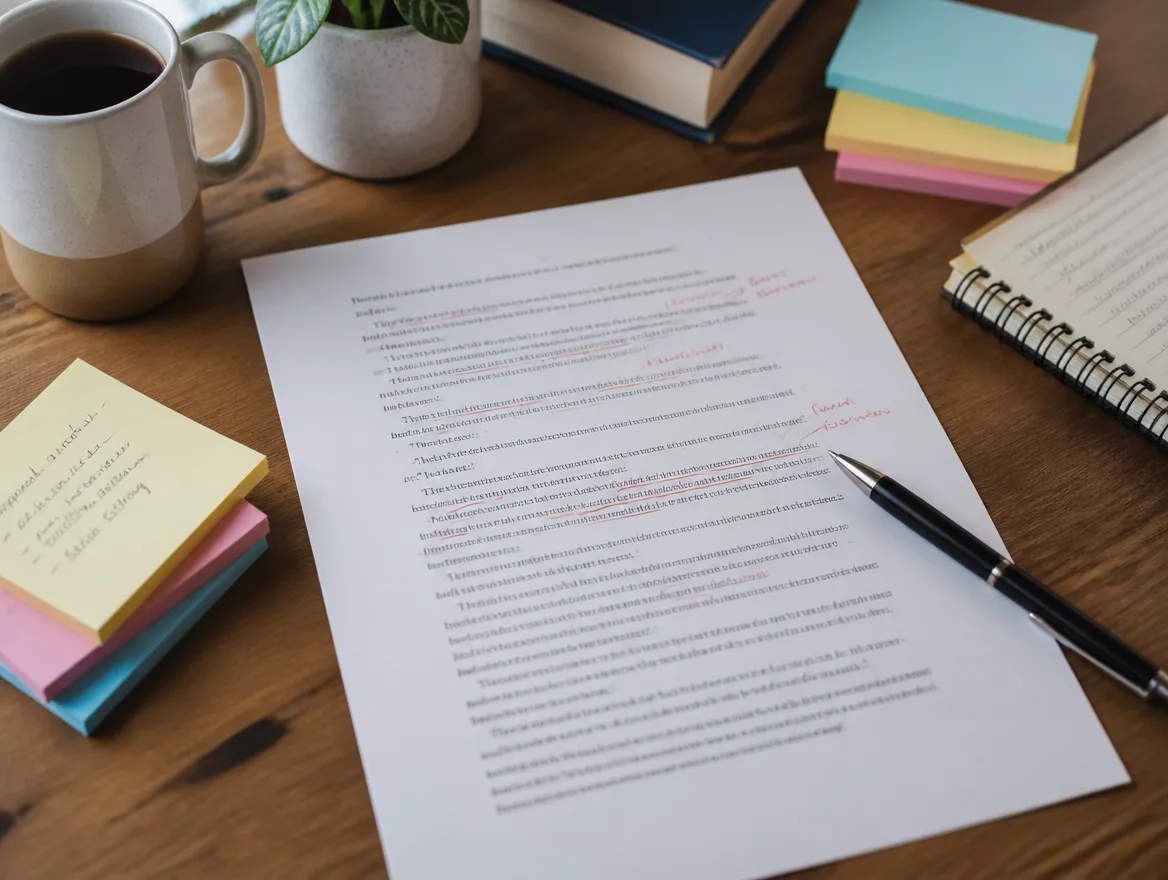 A flat-lay desk with sticky notes, a printed review sheet, and a pen ready for editing.