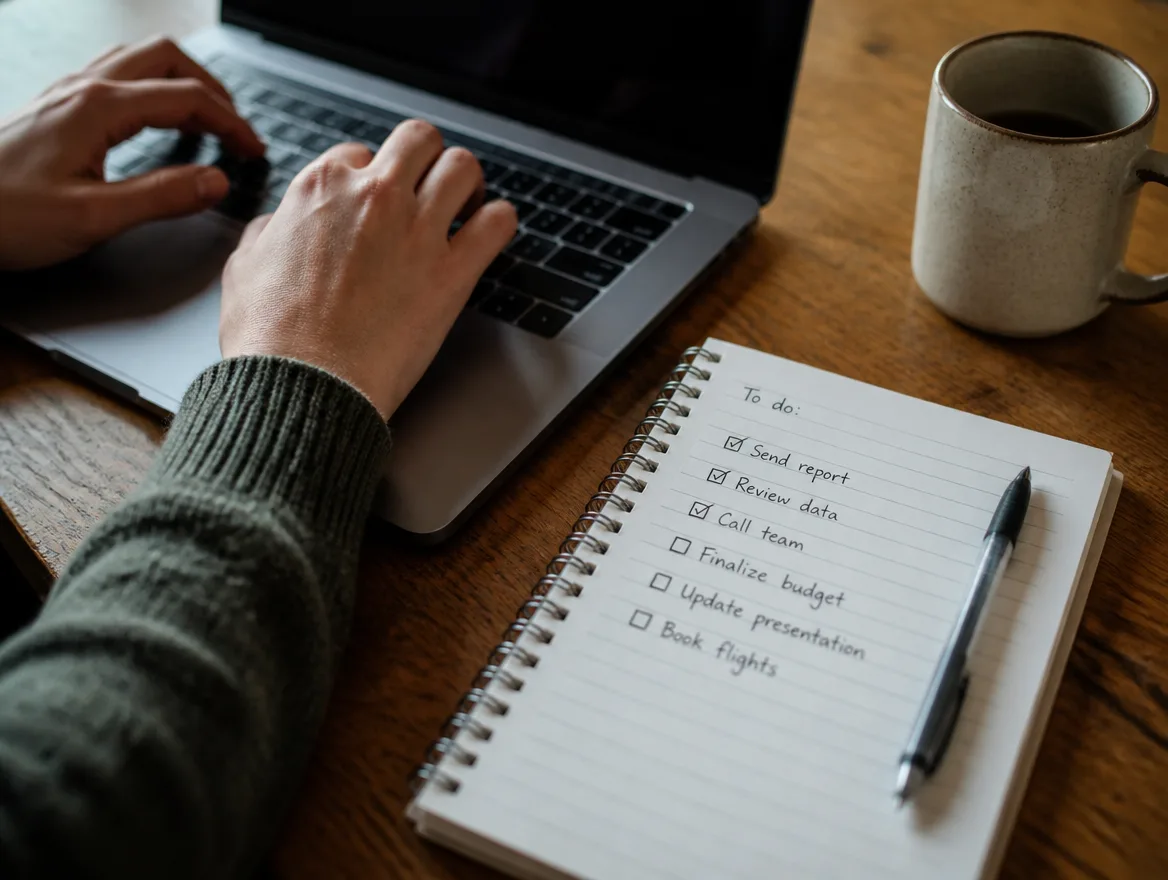 Hands typing on a laptop next to a handwritten checklist on a notepad.