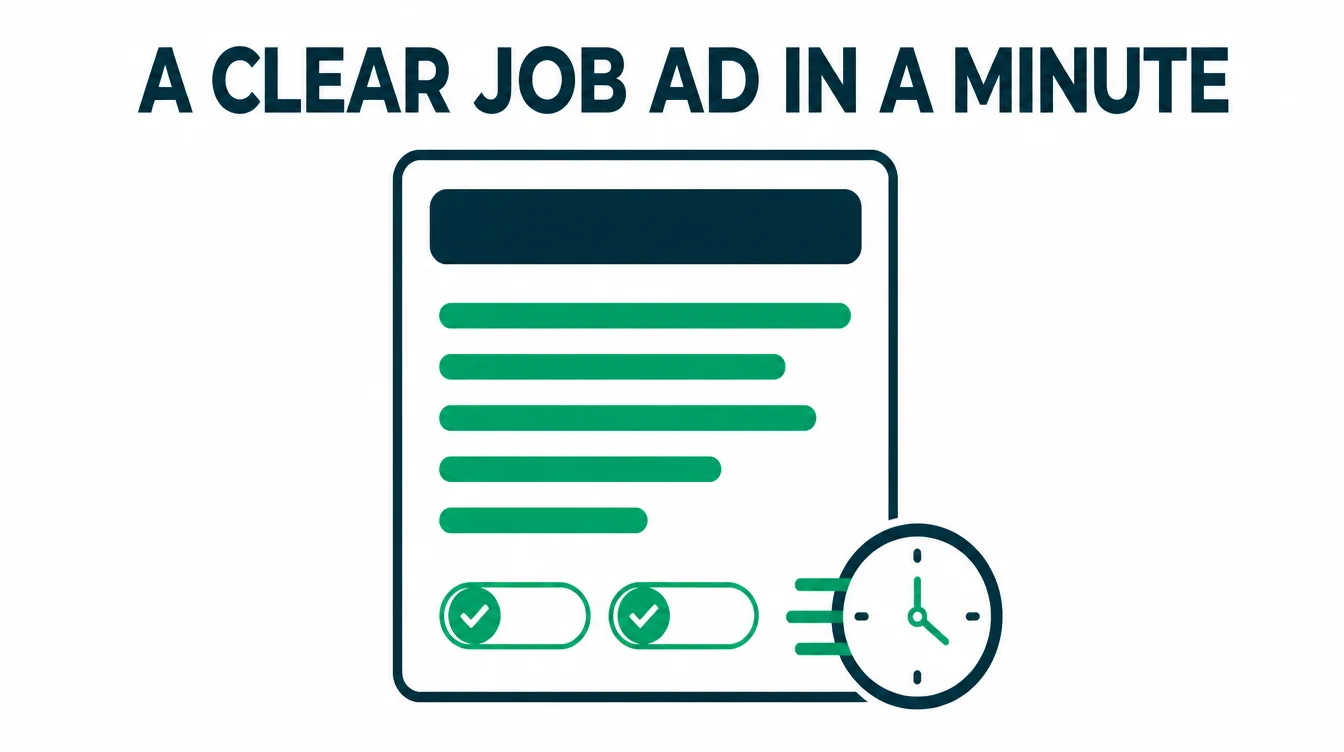 Infographic of a simple job ad document with duties and requirement checkmarks, built in under a minute.