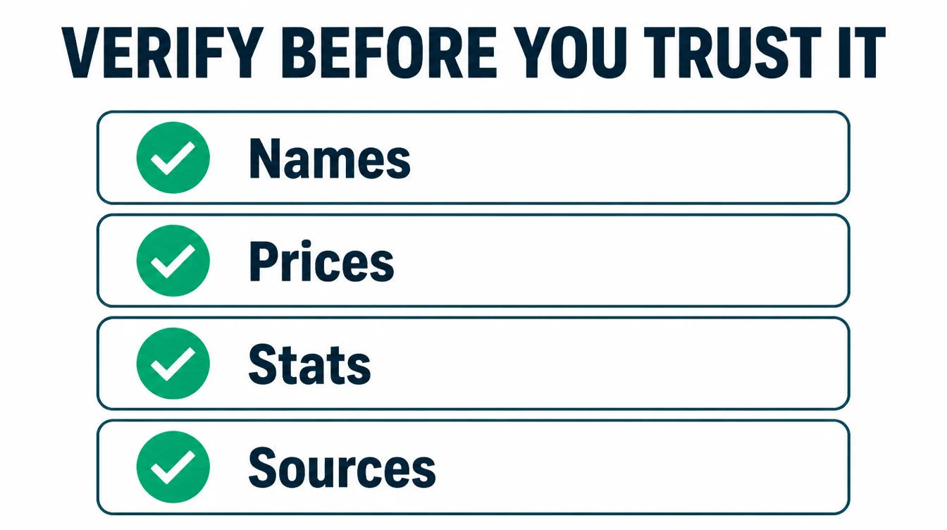 Infographic checklist for verifying AI research: names, prices, stats, and sources.