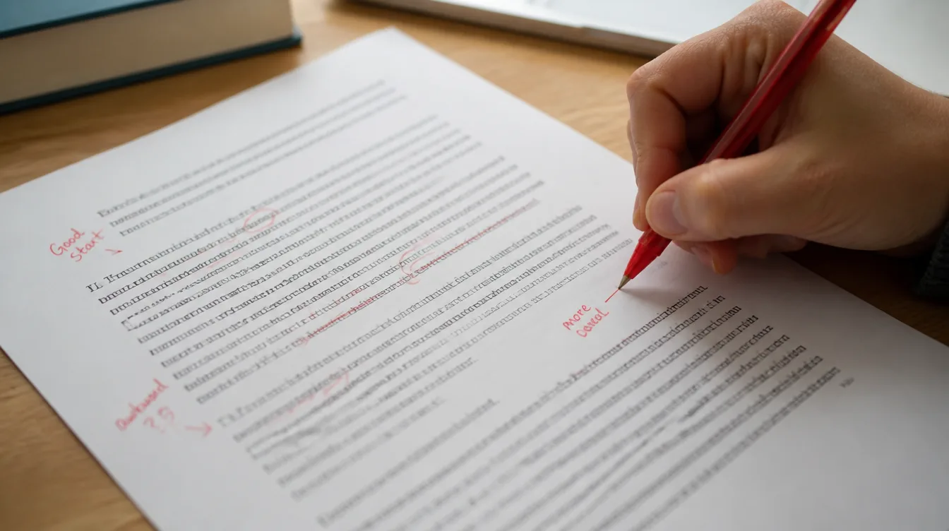 A printed document being marked up with a red pen, showing edits and corrections.