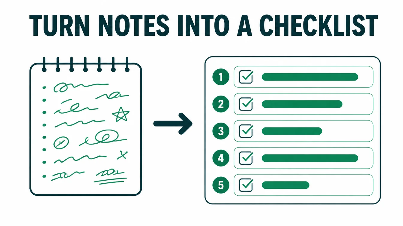 Infographic showing messy handwritten notes turning into a clean five-step numbered checklist.