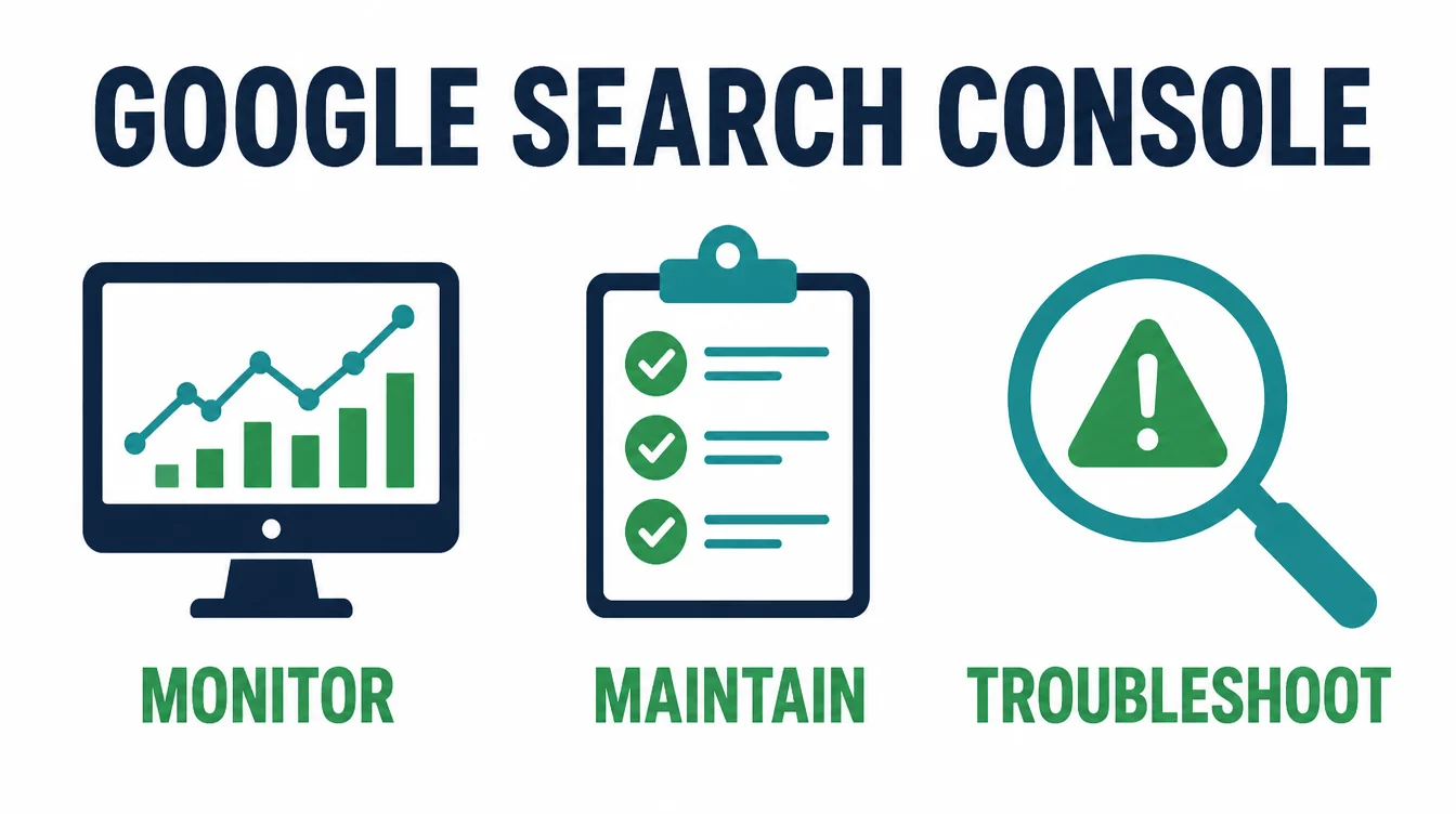 Infographic showing the three jobs of Google Search Console: monitor, maintain, and troubleshoot.