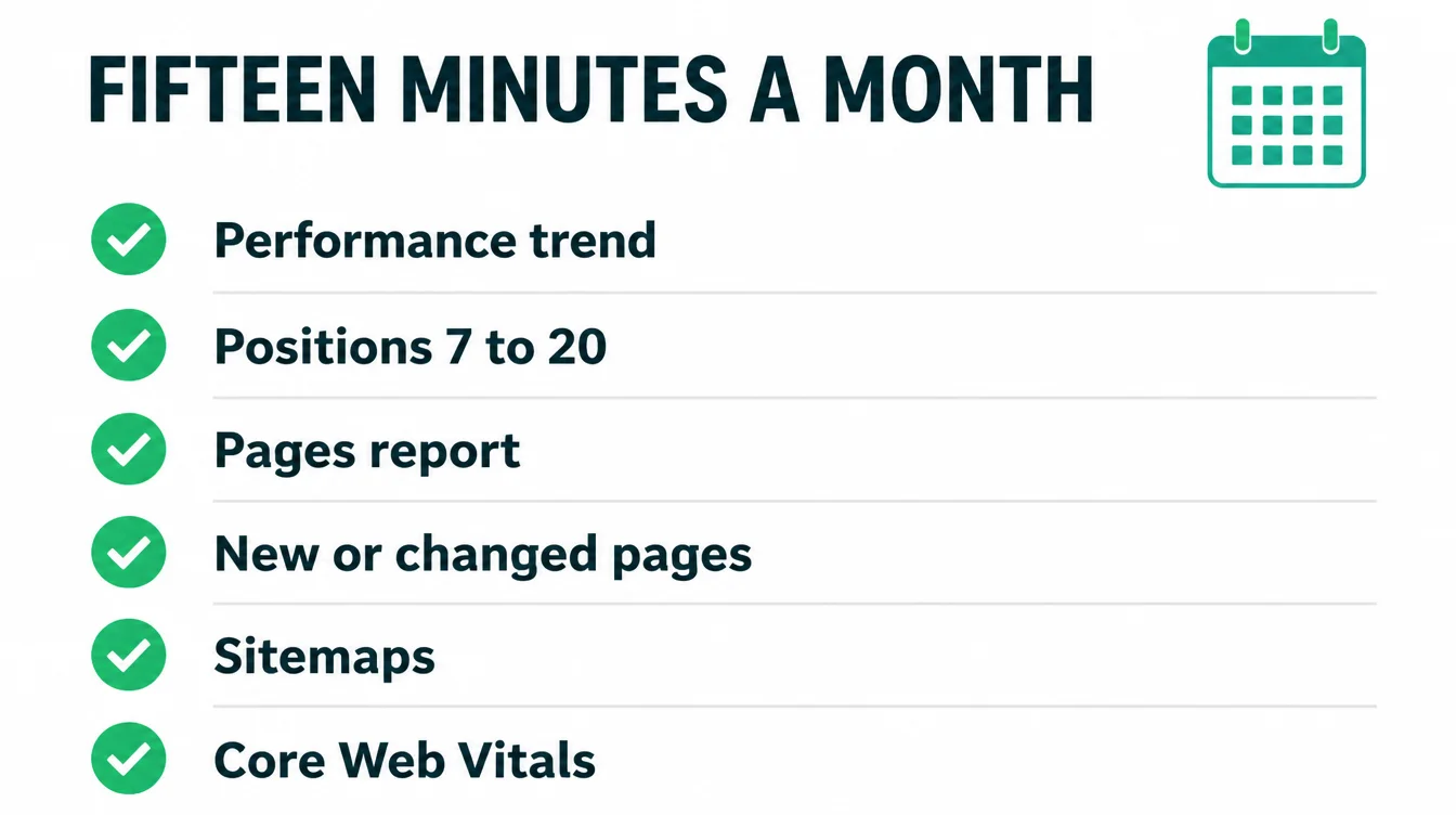 Checklist infographic of six monthly Search Console checks under the heading Fifteen Minutes a Month.