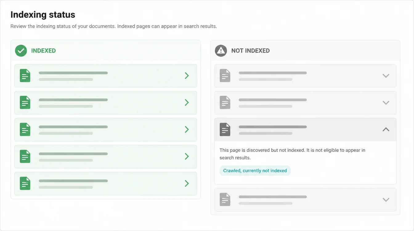 Mockup of an indexing status report showing indexed pages next to not-indexed pages with a reason tag.