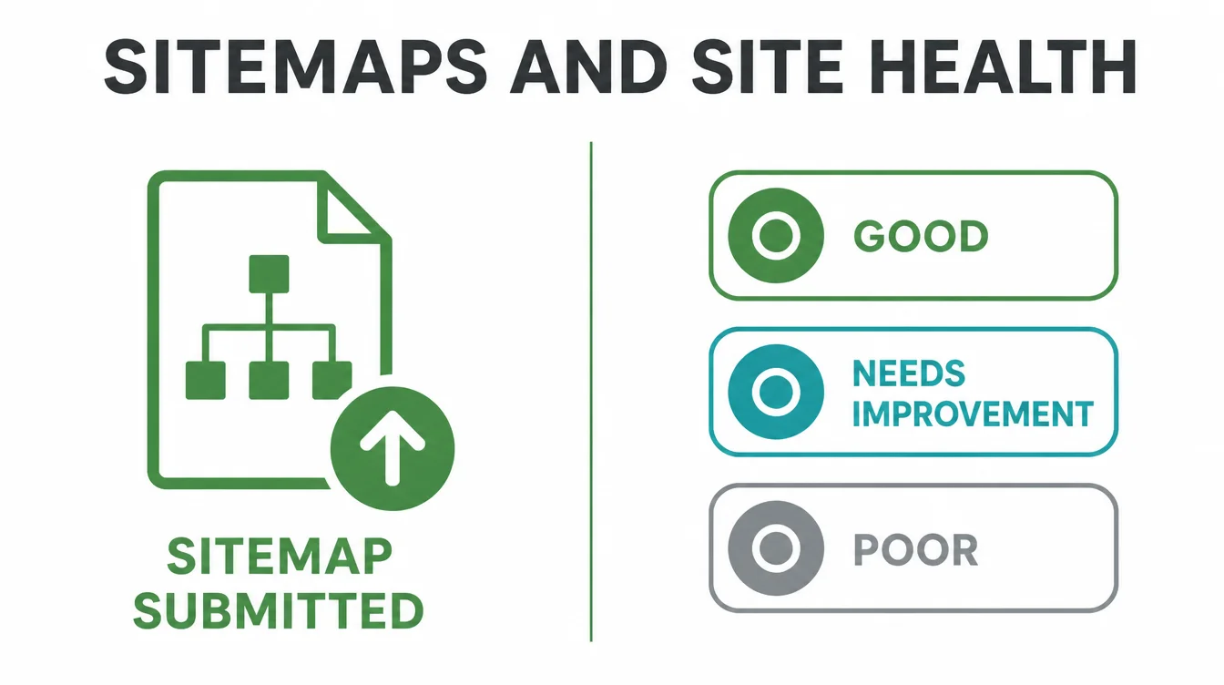 Infographic showing a submitted sitemap next to the three Core Web Vitals ratings: good, needs improvement, and poor.