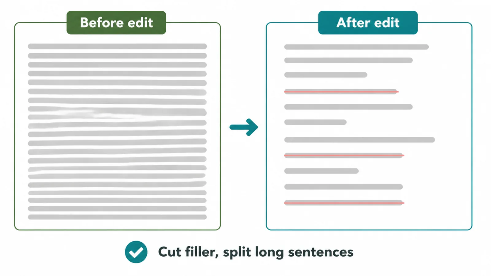 A dense block of text before editing beside a shorter, trimmed version after editing.