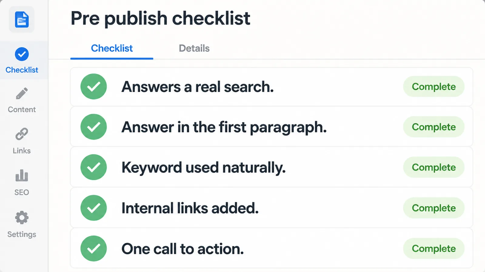 A pre publish checklist covering demand, the answer, the keyword, links and one call to action