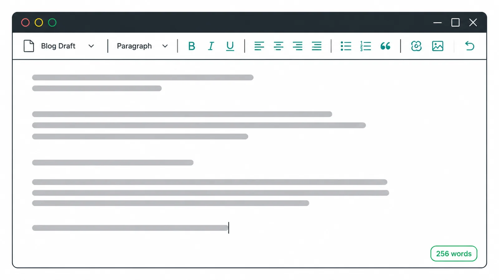 A simple text editor mockup showing a blog draft written in short plain sentences.