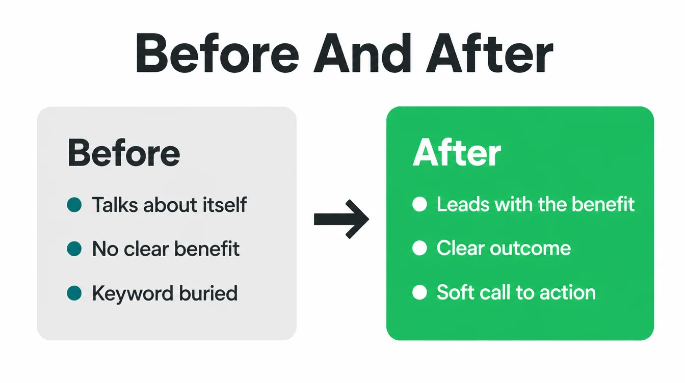 Side by side comparison card showing what a weak before meta description is missing and what a strong after version fixes.