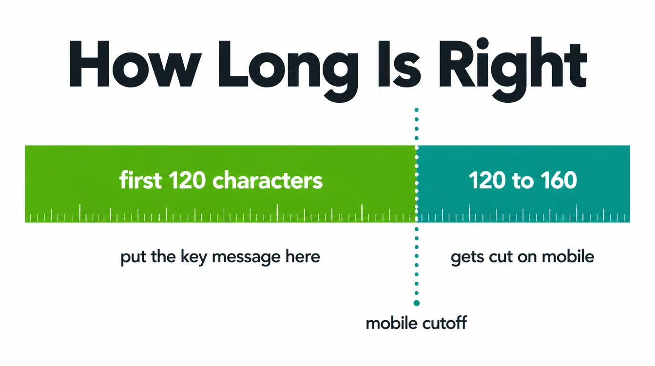 Ruler graphic showing the first 120 characters of a meta description and where mobile devices cut it off.