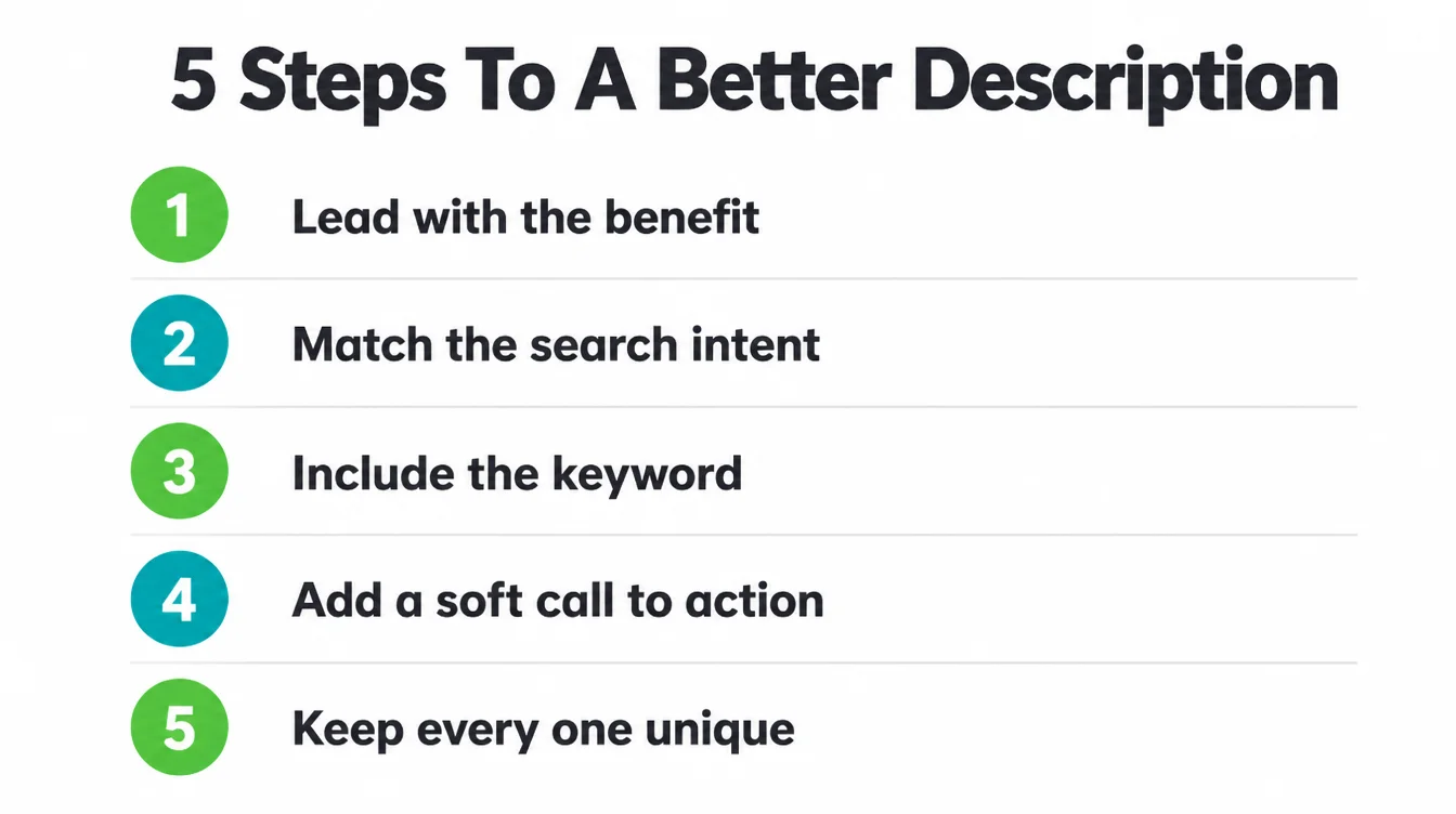 Numbered checklist of five steps for writing a meta description that gets clicks.