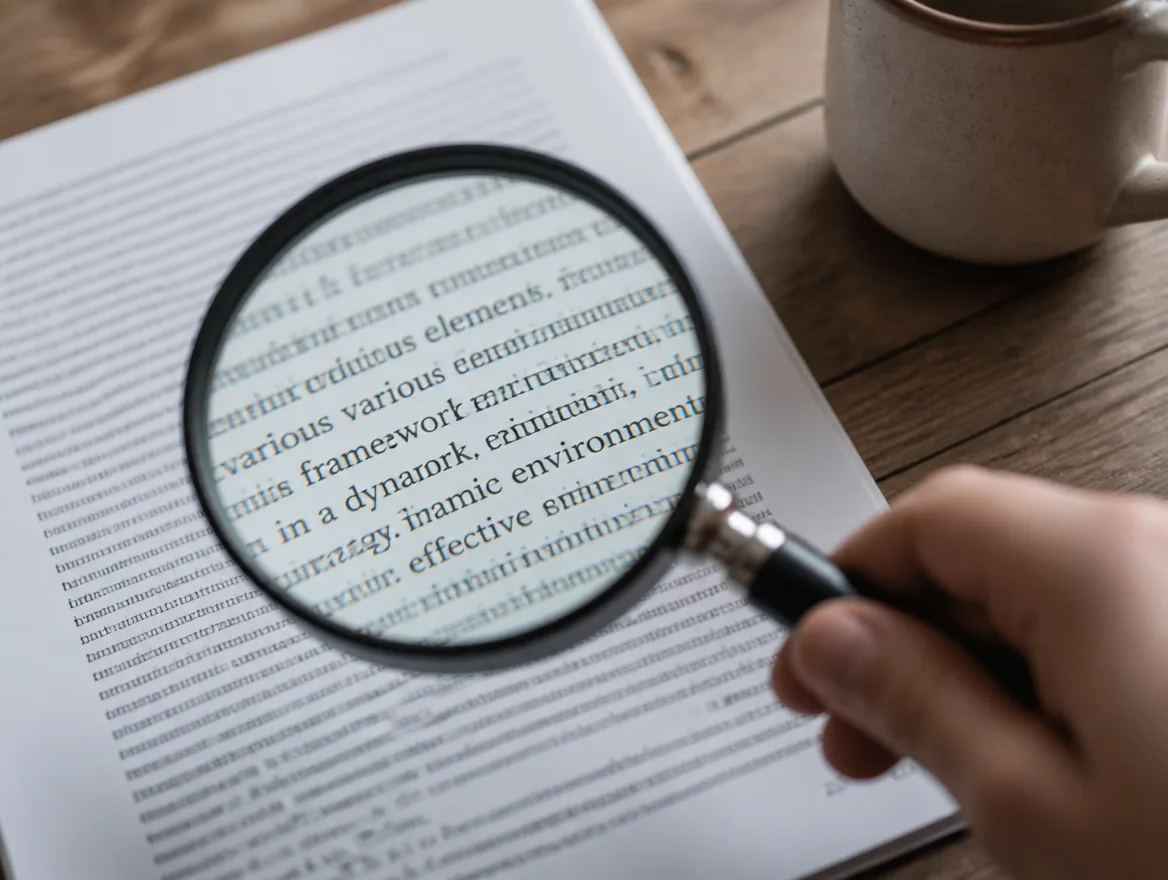 A magnifying glass held over a printed page of text on a wooden desk.