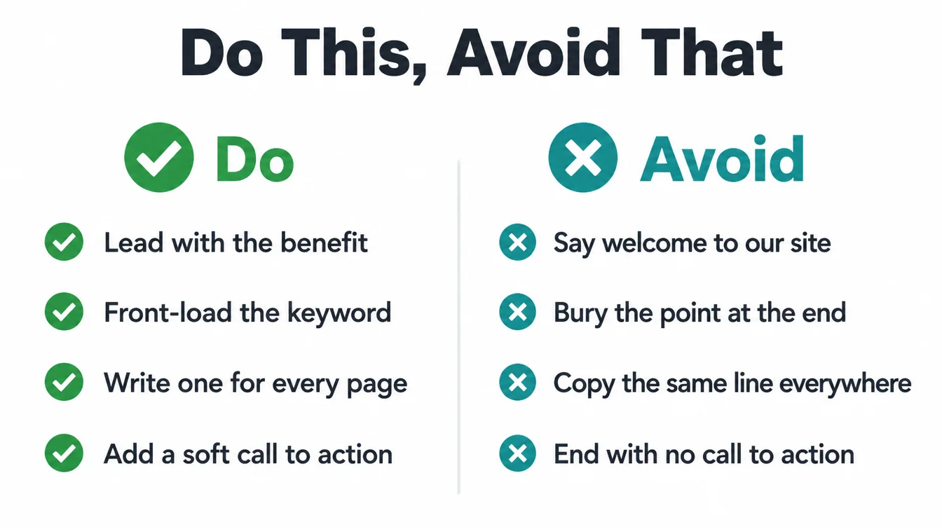 Two column checklist comparing habits to keep and habits to avoid when writing a meta description.