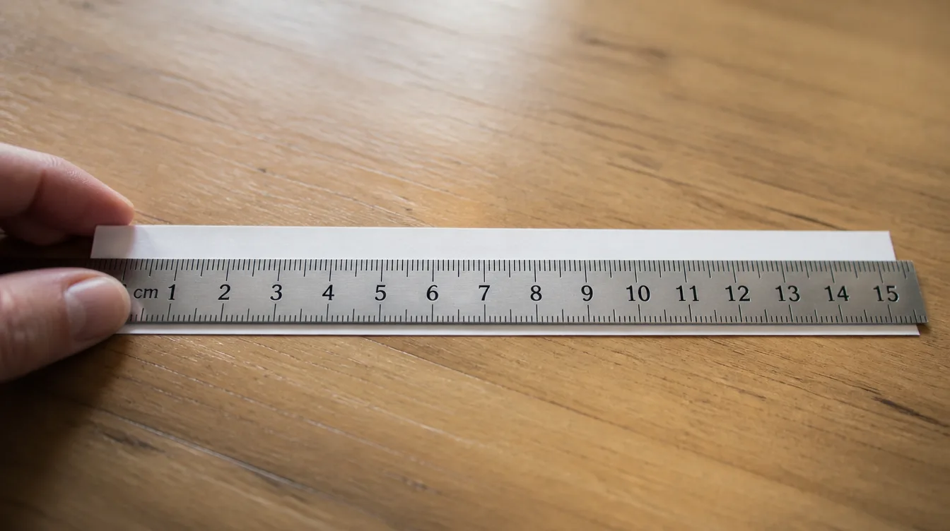 A ruler laid across a narrow strip of paper measuring its length.