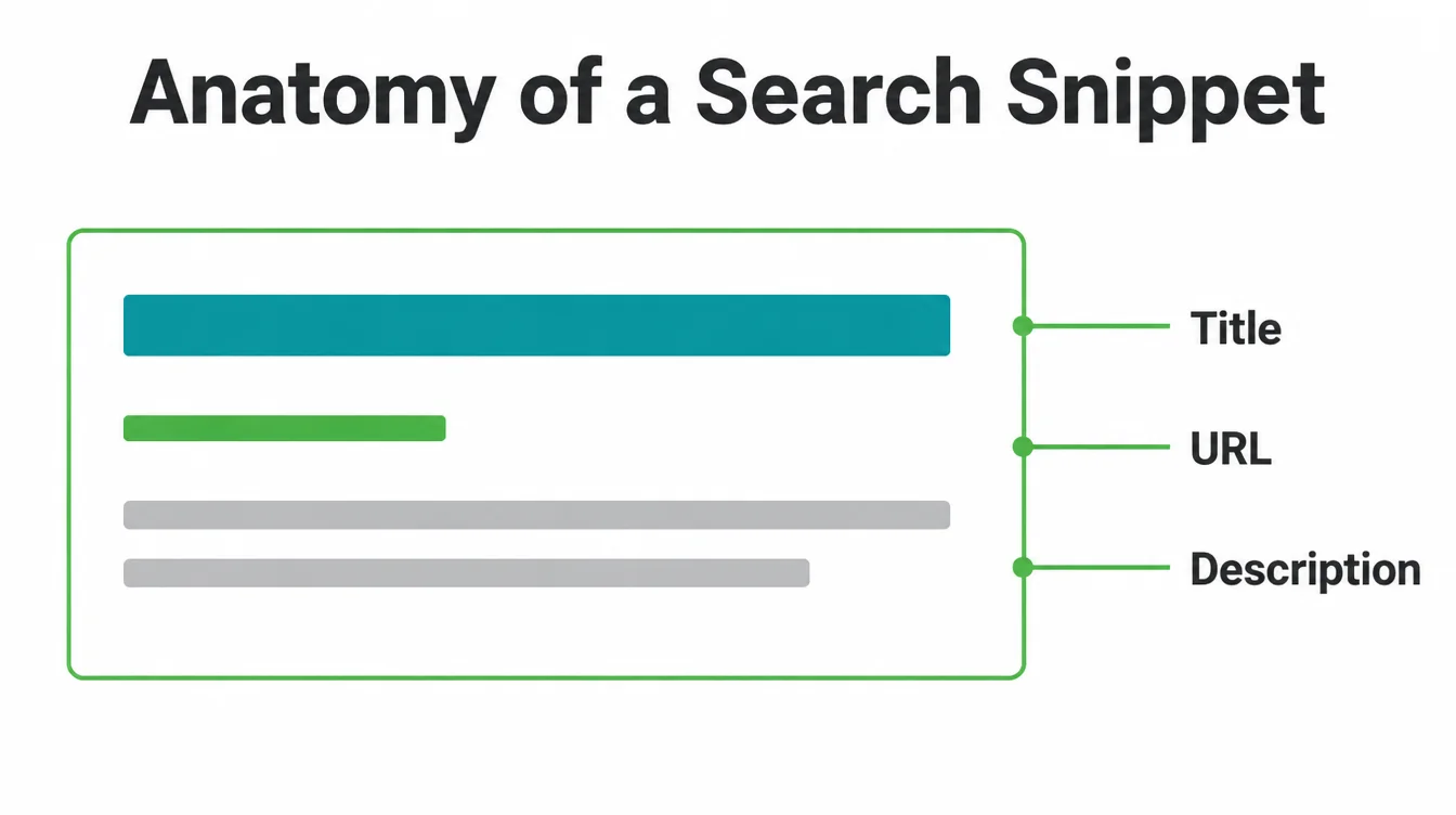 Diagram labeling the three parts of a search result: title, URL, and description.