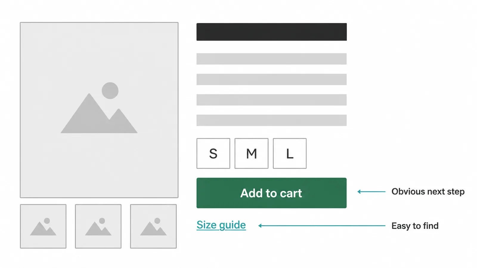 Product page mockup with an obvious add to cart button and a size guide link right below it
